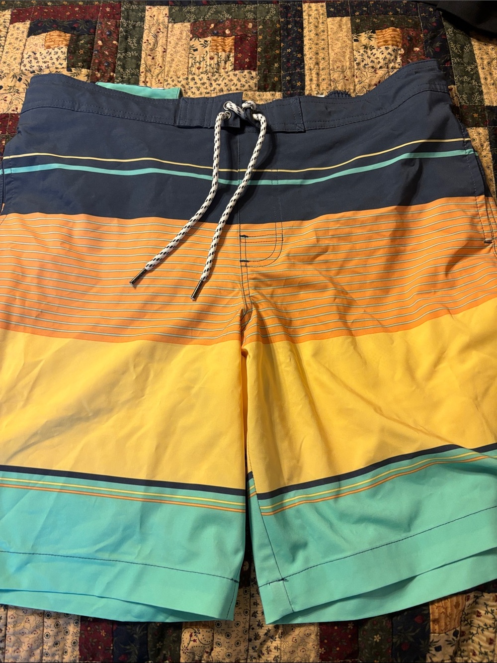 Sonoma Yellow, Teal & Navy Striped Swim Board Shorts
